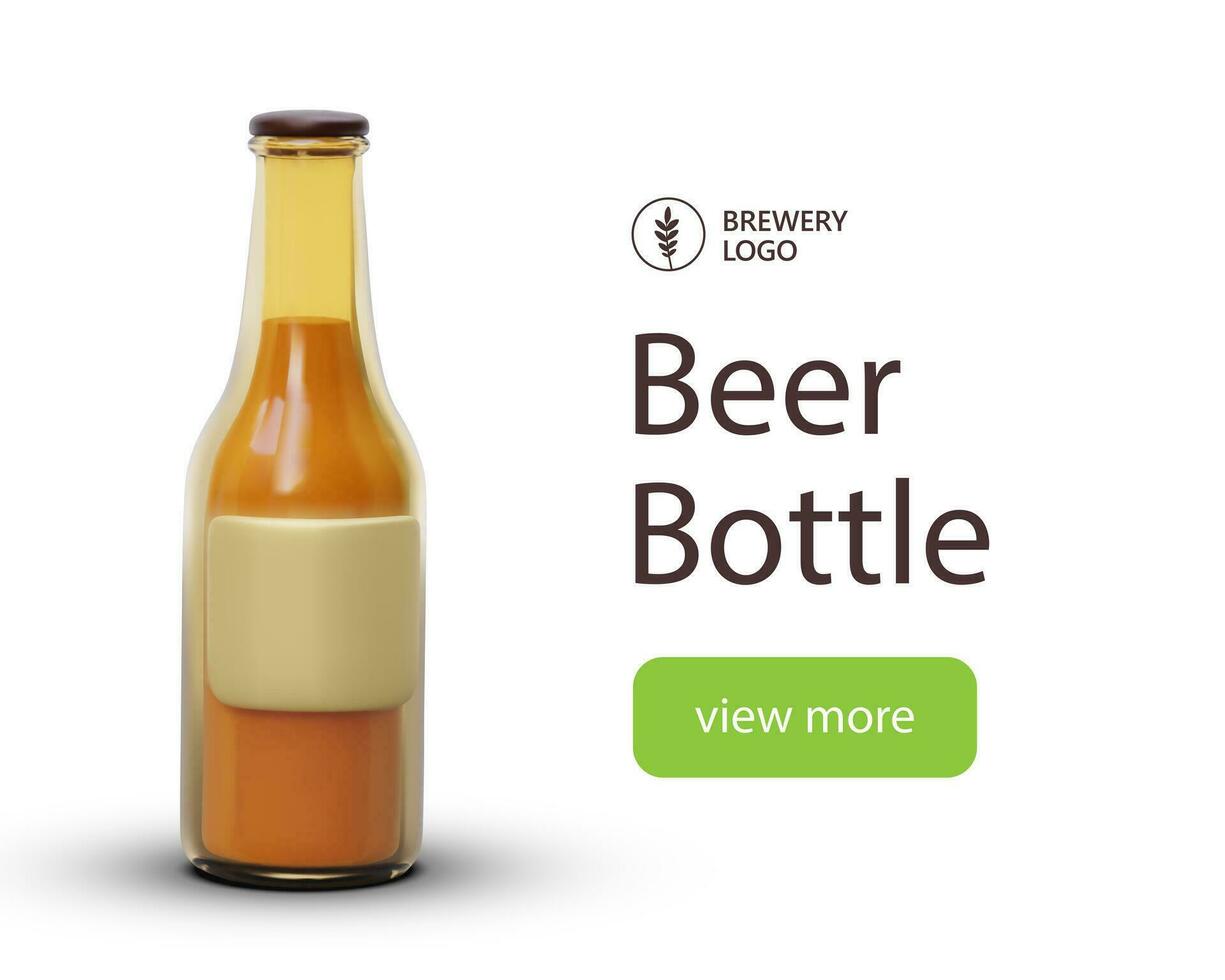 3D glass bottle with beer. Advertising of glass containers for drinks vector