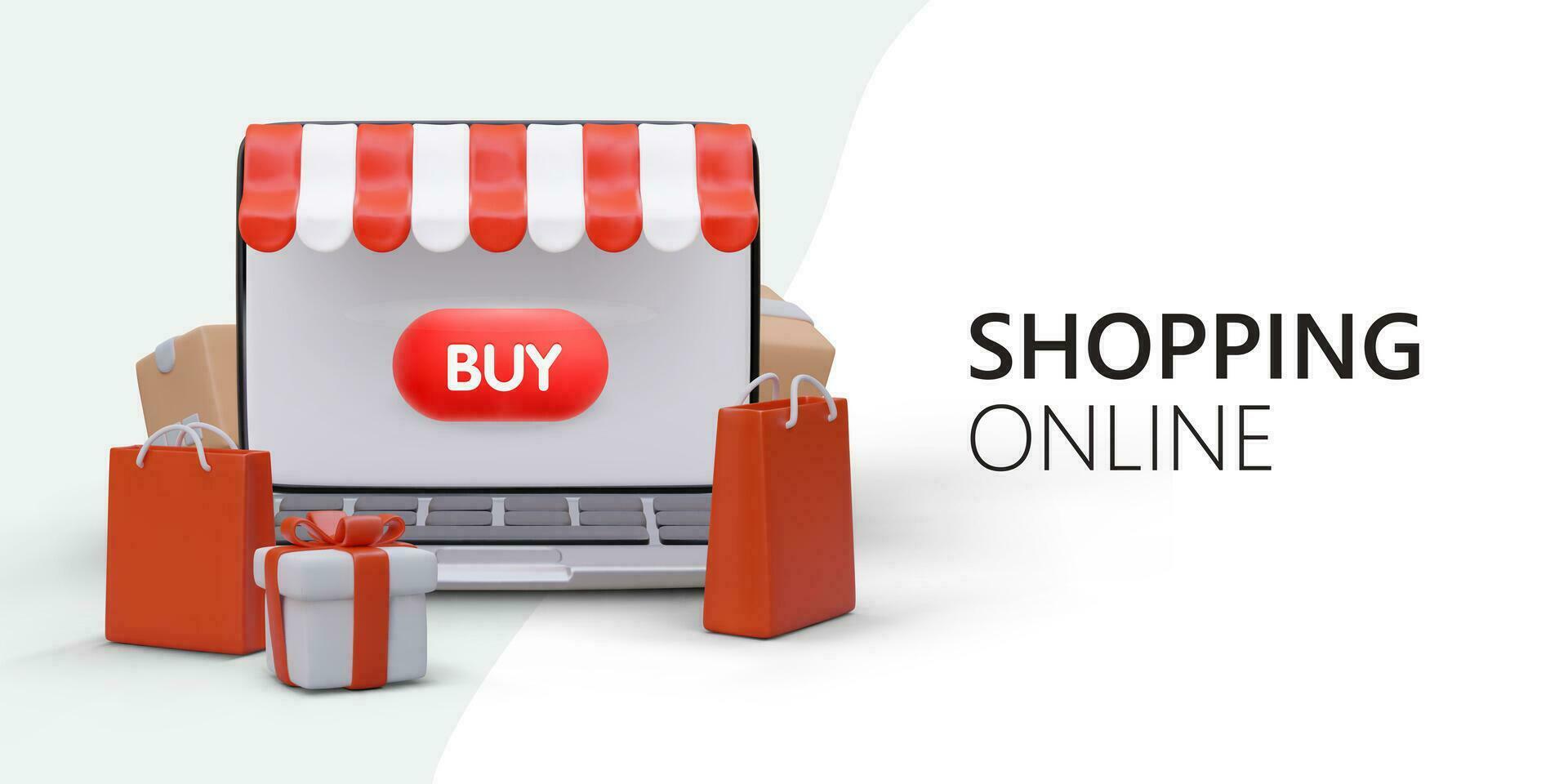 3D laptop with a buy button. Original banner for web design. Comfortable online shopping vector