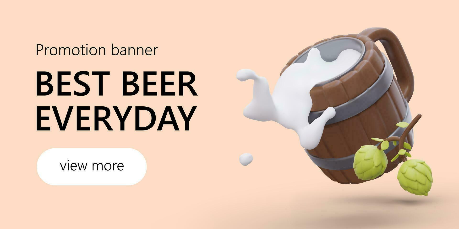 Realistic 3d illustration of mug in shape of barrel with tasty beer and cartoon natural hop vector