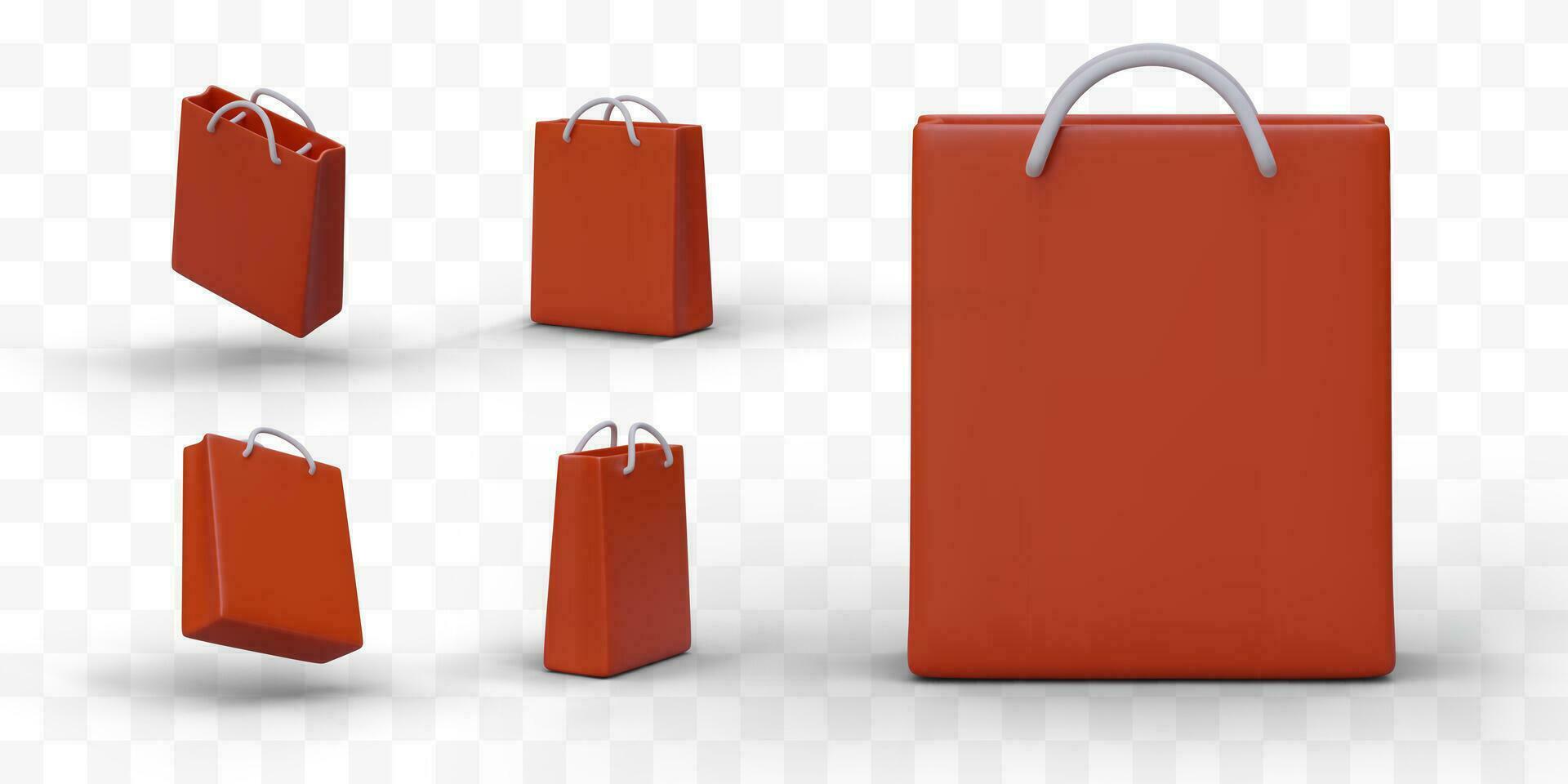 Set of bright 3D paper bags with handles. Symbol of gift wrapping, expensive purchase vector