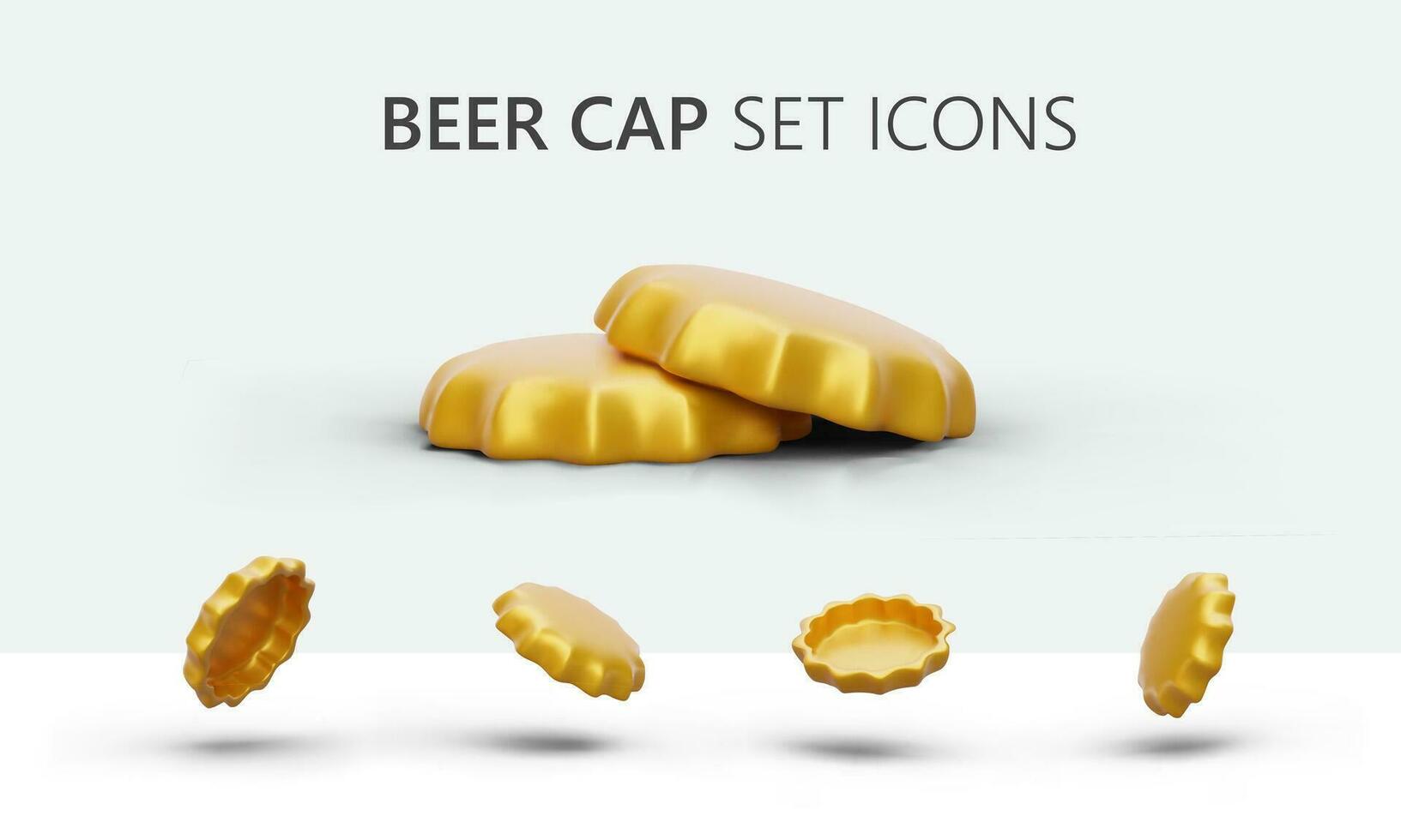 Set of metal 3D caps for beer bottles. Golden crown cap for alcoholic beverages vector