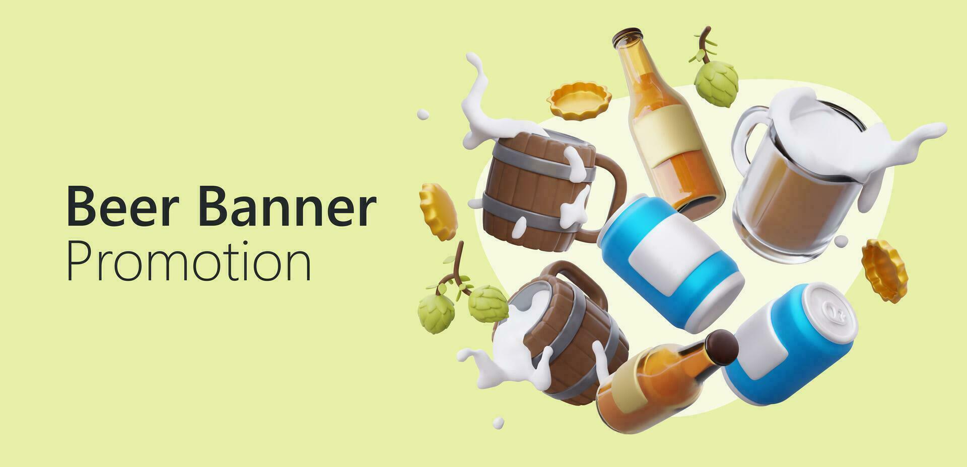 Beer event. Let celebrate together. Invitation to beer party. Mugs, bottles and cans vector