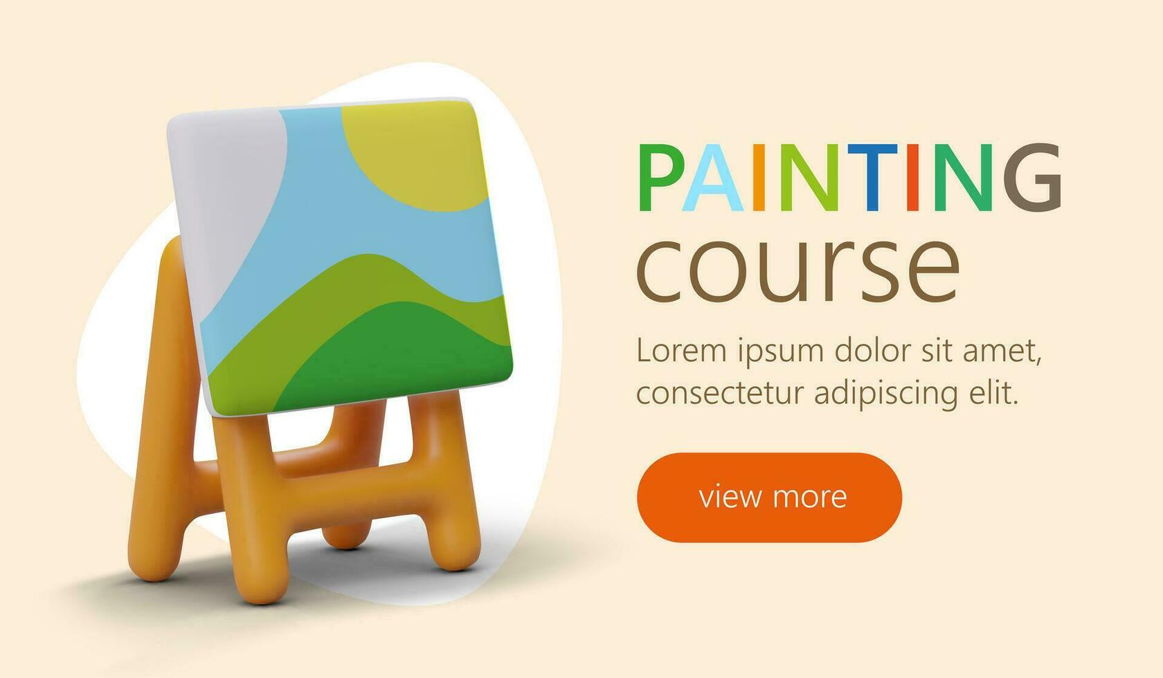Landing page with 3d realistic cartoon easel and painting. Invitation to start study art vector