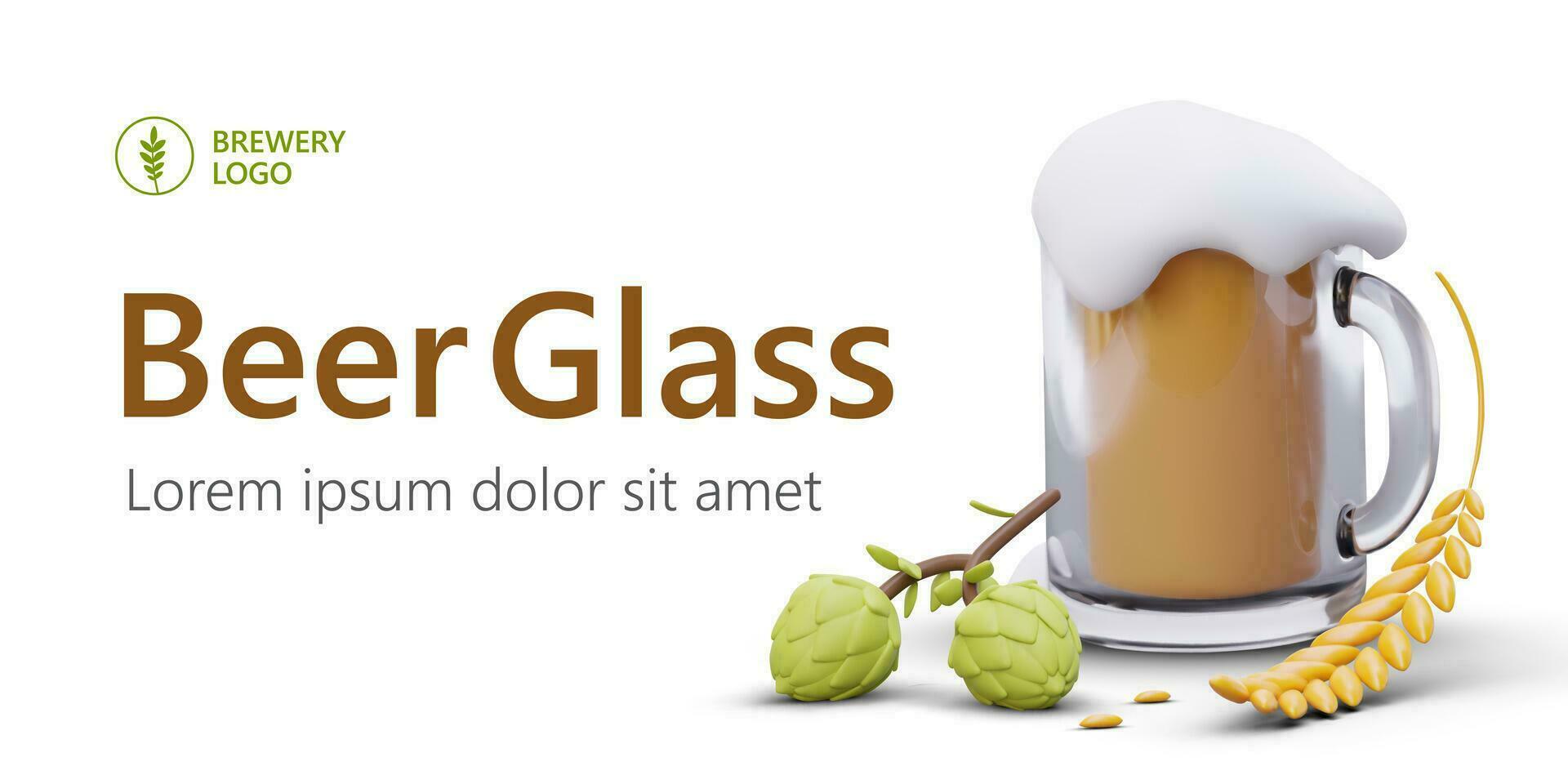 Transparent glass mug with light beer. 3D image of beer from natural ingredients vector