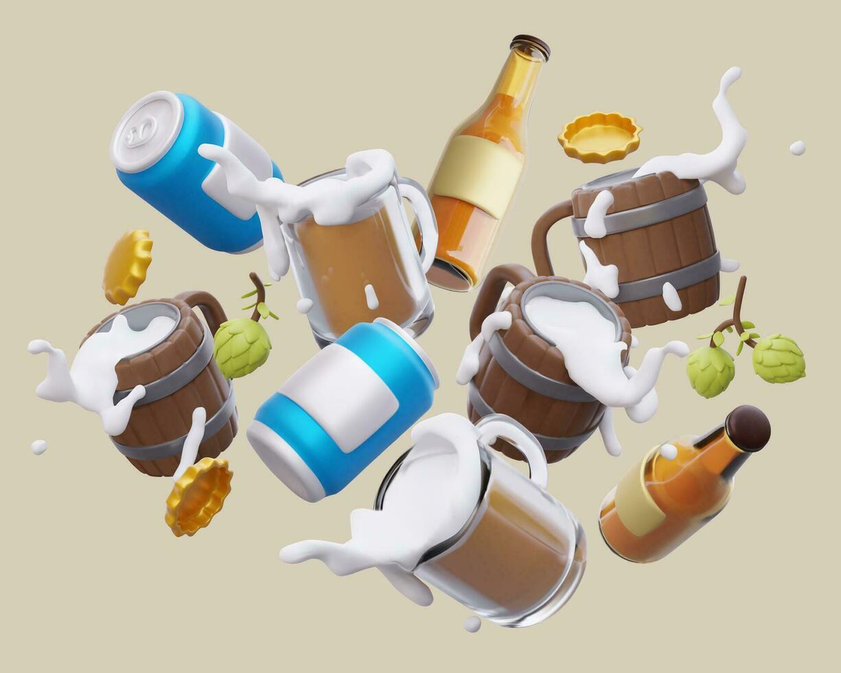 Mix of drinkware filled with beer. 3D mugs, cans, bottles thrown into air vector