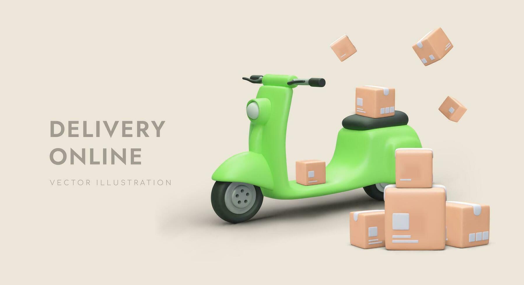 Realistic green scooter carrying boxes with goods from supermarket vector