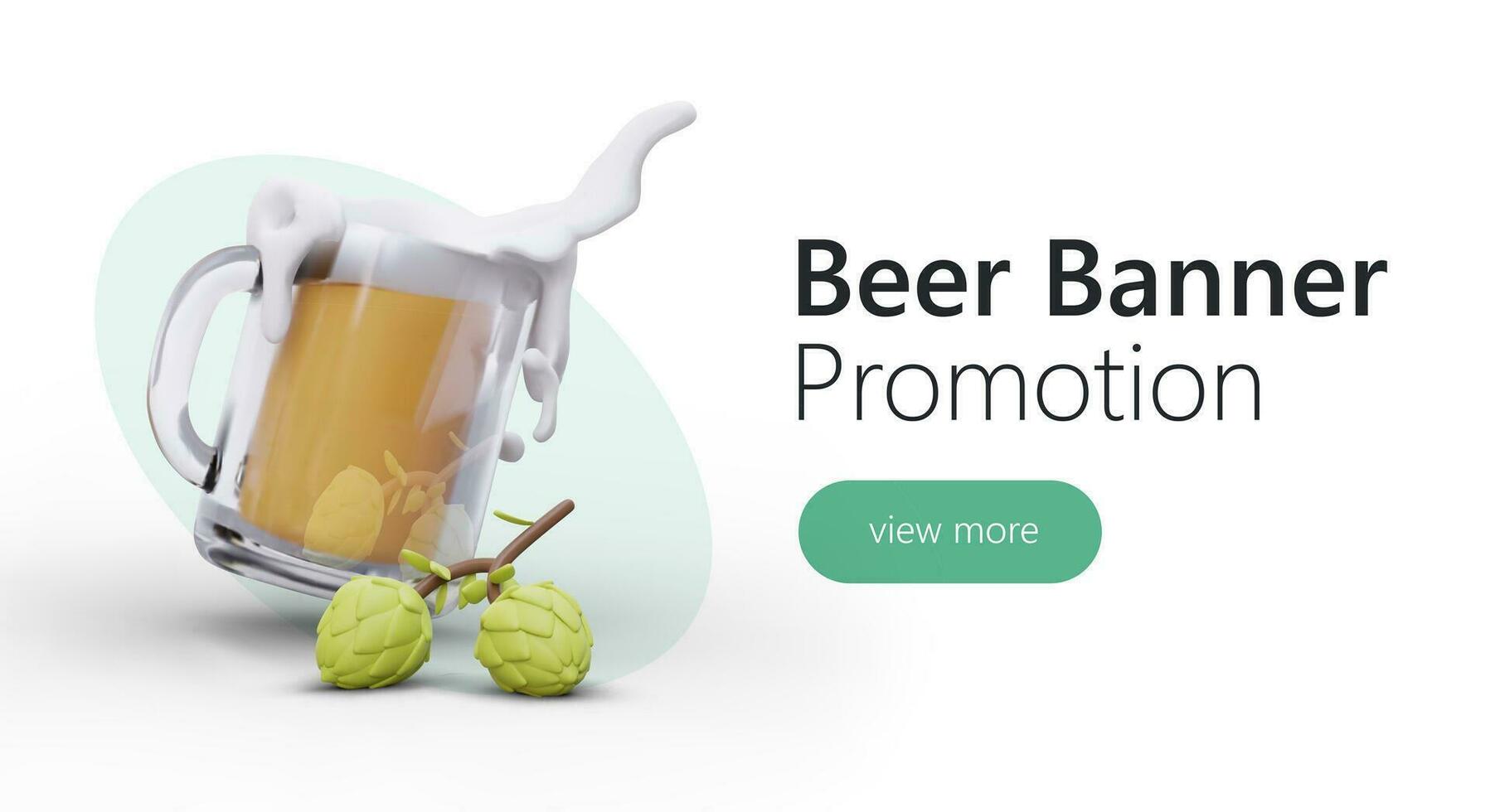 Banner with glass 3D beer mug. Clean glass with reflection. Movement of lush foam, turning mug vector
