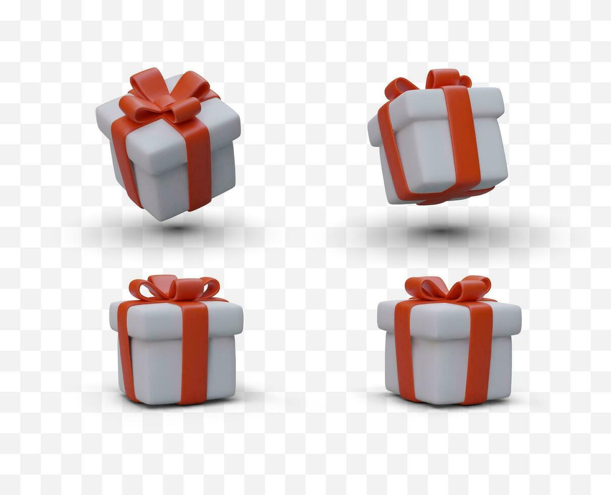 Set of 3D gift boxes with bows. Festive packaging of goods vector