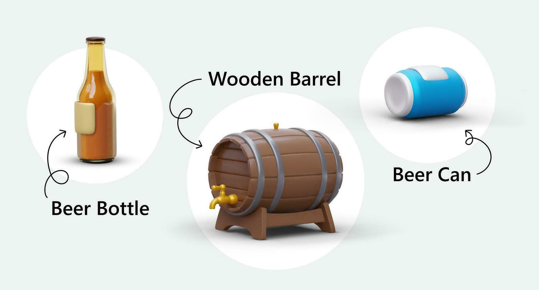 3D beer container. Glass bottle, can and wooden barrel in cartoon style vector