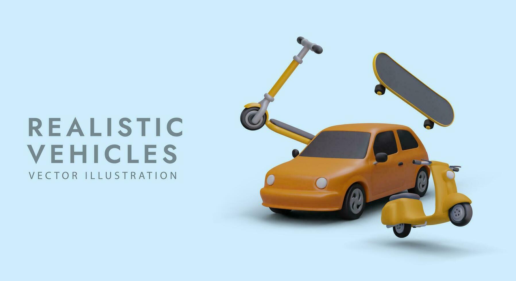 Set of modern realistic vehicles. 3D objects in stopped motion vector