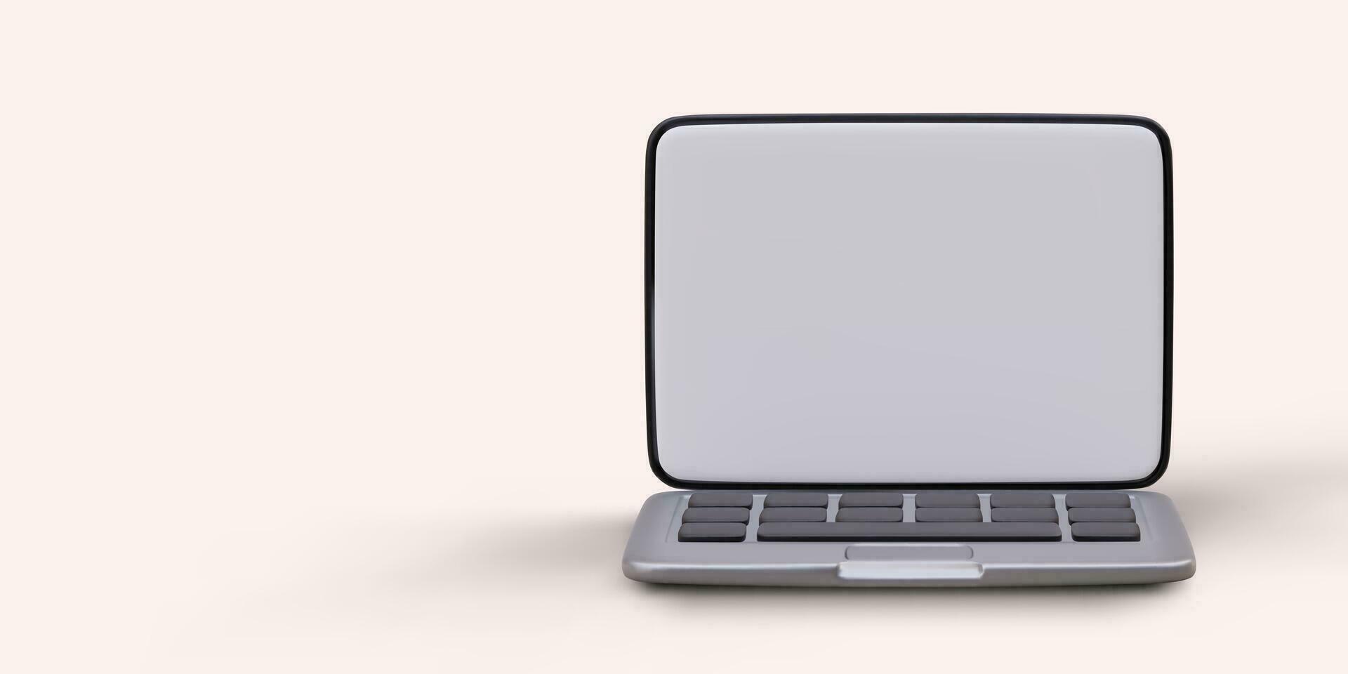 3D image of open laptop. Computer ready to go. Blank screen of realistic volumetric laptop vector