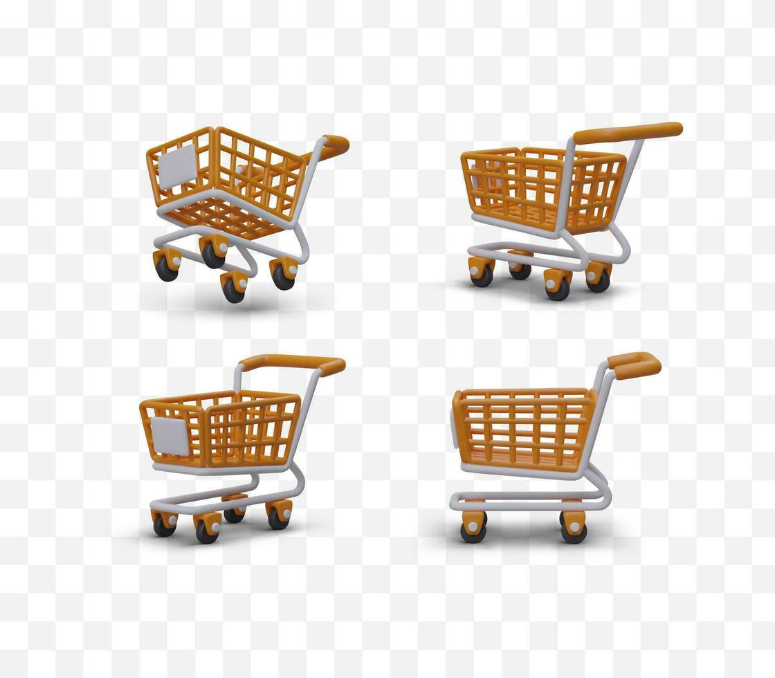 Collection of realistic shopping carts. Modern shopping cart side, bottom, front view vector