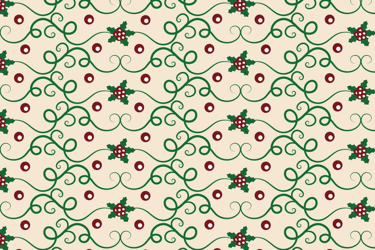 Christmas Filigree swirl berry leaf Seamless Pattern, holly leaves modern Christmas pattern, winter vibes holiday green ornate Christmas vector pattern, wrapping paper holiday printing fabric