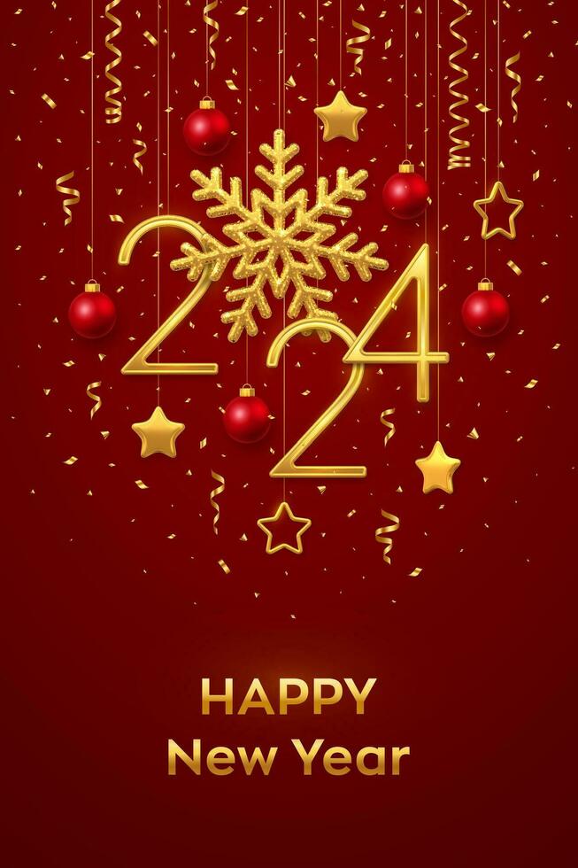 Happy New Year 2024. Hanging Golden metallic numbers 2024 with shining snowflake and confetti on red background. New Year greeting card or banner template. Holiday decoration. Vector illustration.