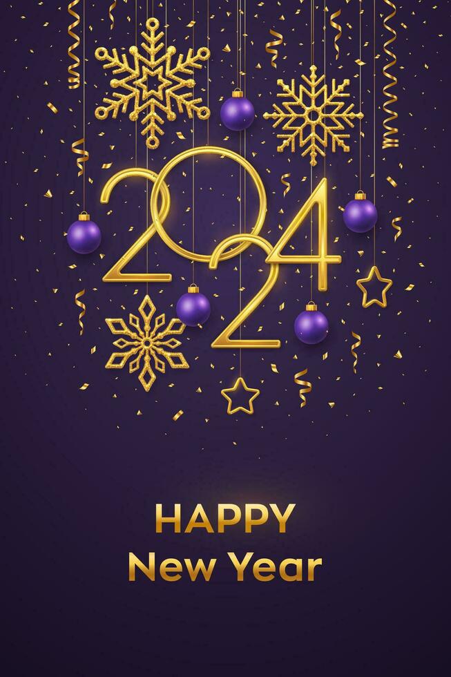 Happy New Year 2024. Hanging Golden metallic numbers 2024 with shining snowflakes, 3D metallic stars, balls and confetti on purple background. New Year greeting card or banner template. Vector. vector