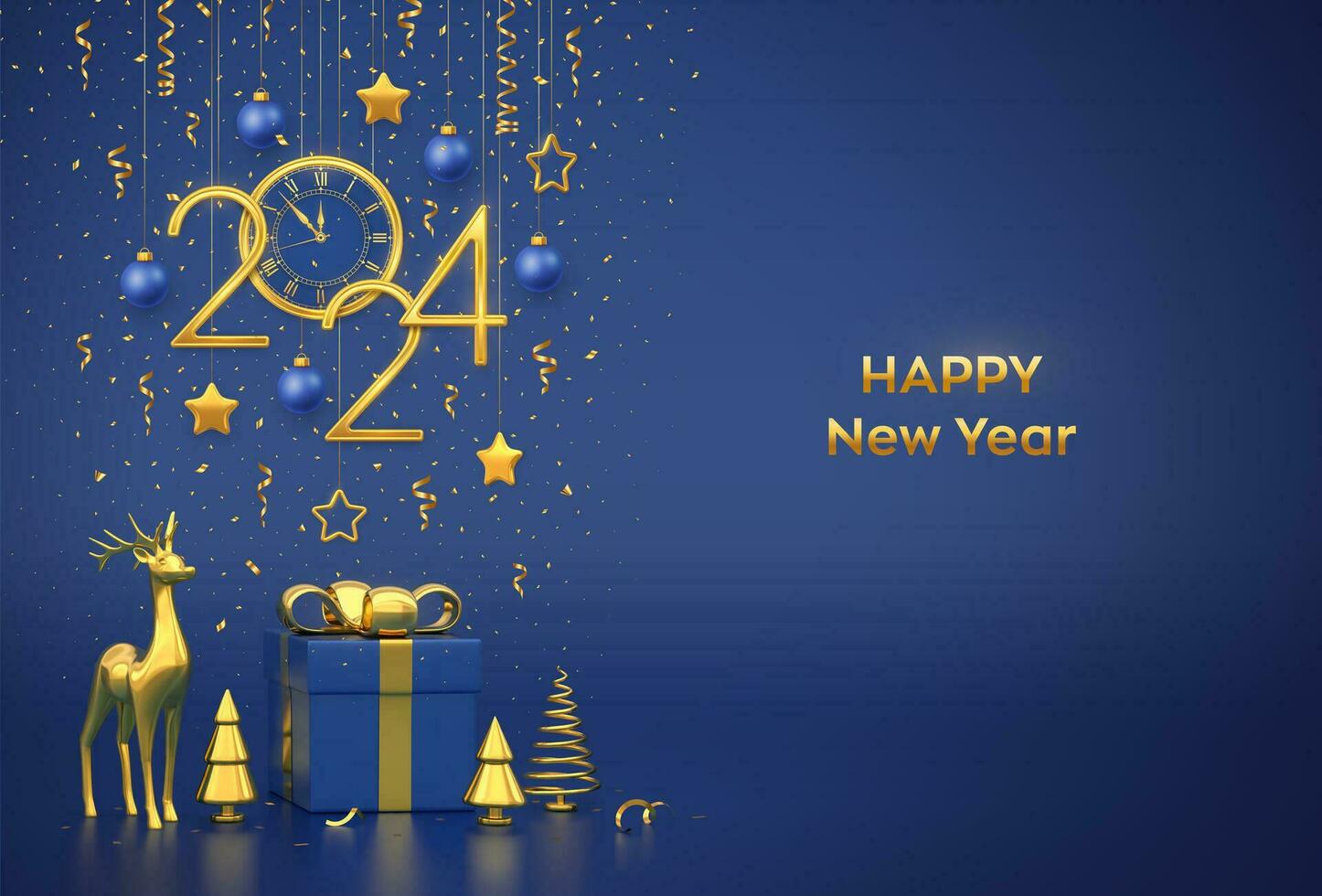 Happy New Year 2024. Merry christmas card. Hanging golden metallic numbers 2024, stars, balls, confetti. Watch with Roman numeral countdown midnight. Gift box, gold deer, fir, spruce trees. Vector. vector