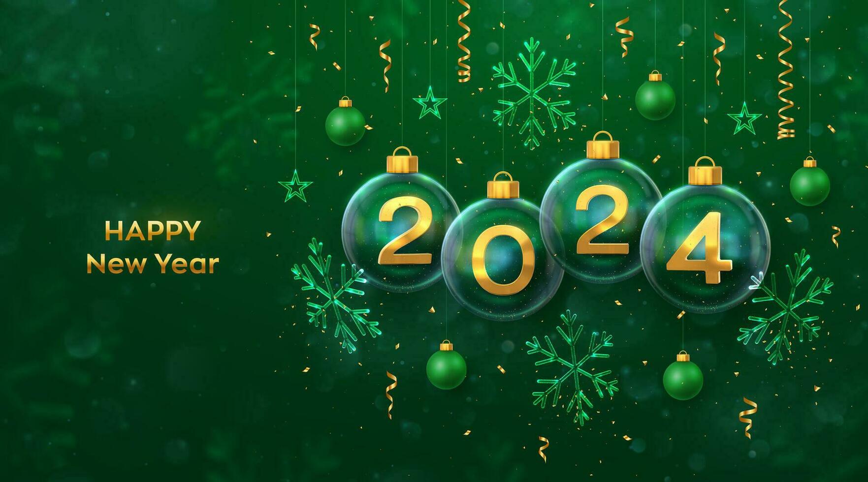 Happy New Year 2024. Golden metal 3D numbers 2024 in transparent glass