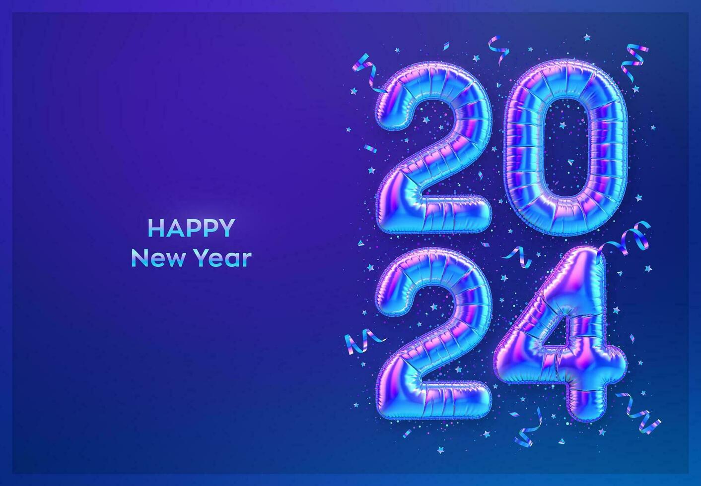 Happy New Year 2024. Colorful foil balloon numbers on blue background. High detailed 3D iridescent foil helium balloons. Merry Christmas and Happy New Year 2024 greeting card. Vector illustration.