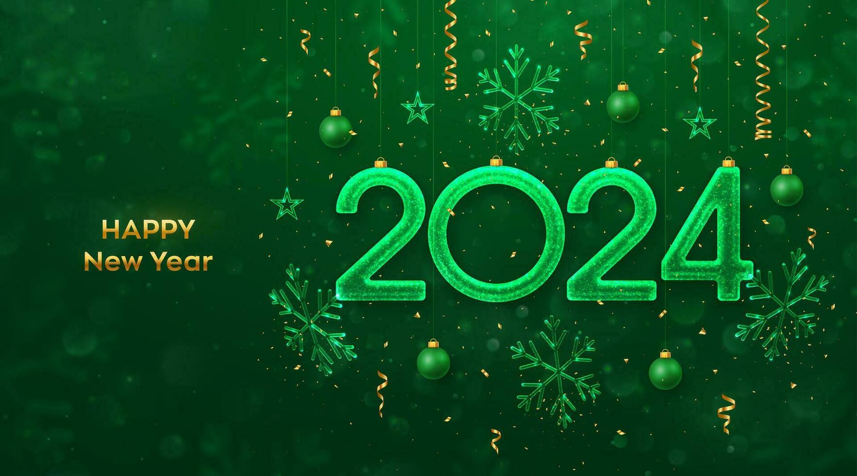 Happy New Year 2024. Hanging glitter ice numbers 2024 with shimmering snowflakes, stars, balls, confetti on green background. New Year greeting card, banner, flyer, poster. Vector illustration.
