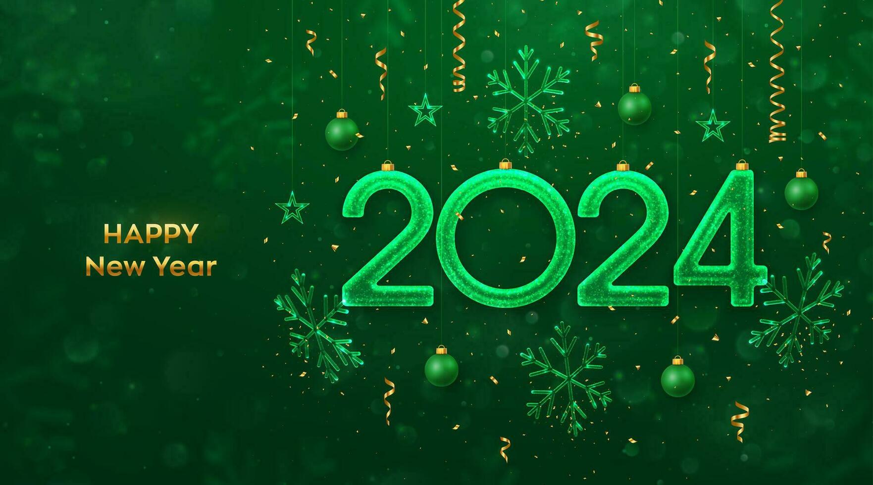 contento nuevo año 2024. colgando Brillantina hielo números 2024 con reluciente copos de nieve, estrellas, pelotas, papel picado en verde antecedentes. nuevo año saludo tarjeta, bandera, volantes, póster. vector ilustración.