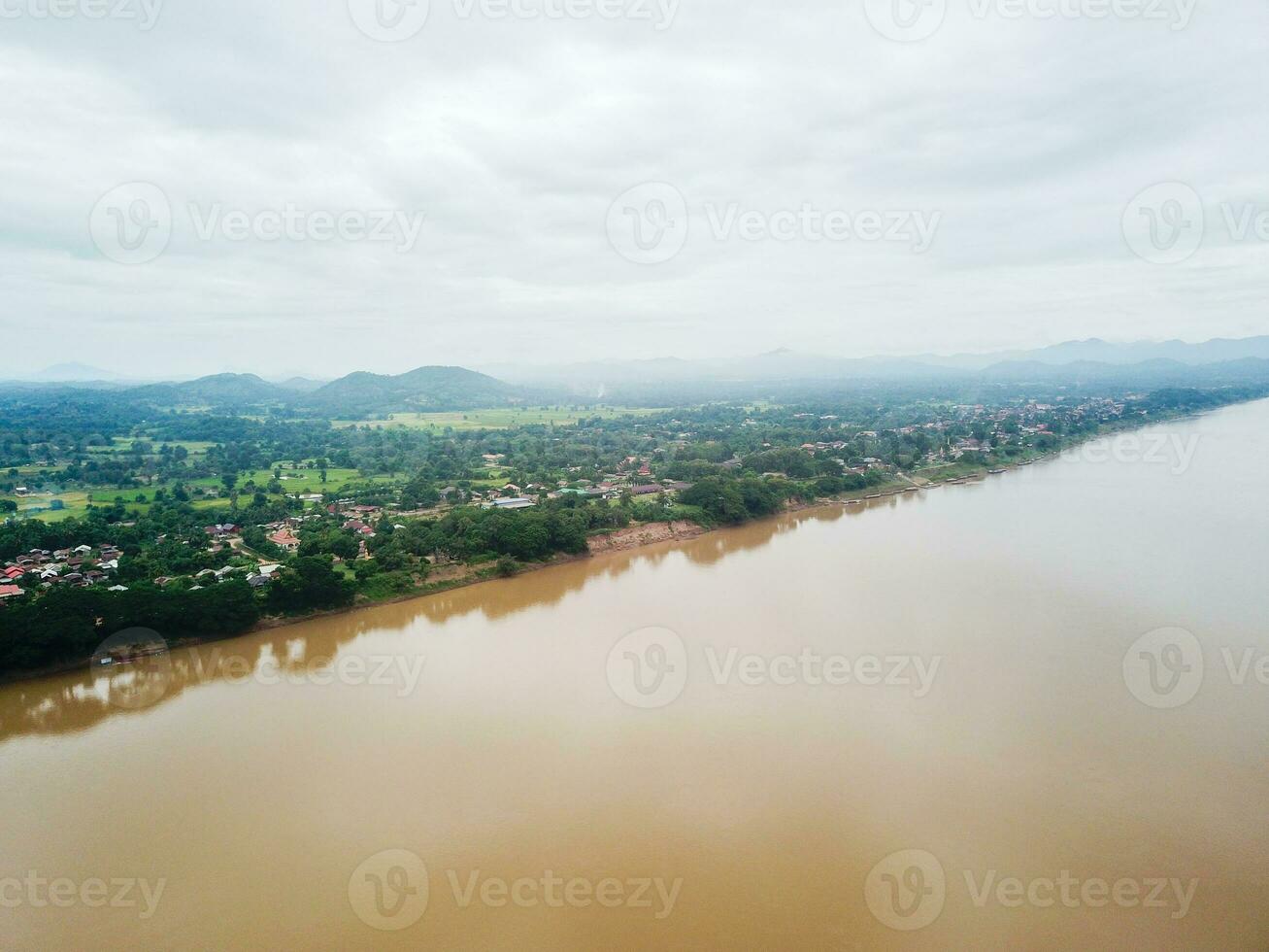 Aerial photography of the beautiful landscape along the Mekong River in Laos.opposite Chiang Khan District, Loei Province.THAILAND, photo