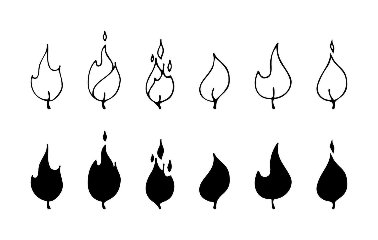 Hand drawn flames doodle. Collection sketches of fire twinkles isolated. Illustration of nature phenomenon. Set outline and black silhouette icon vector