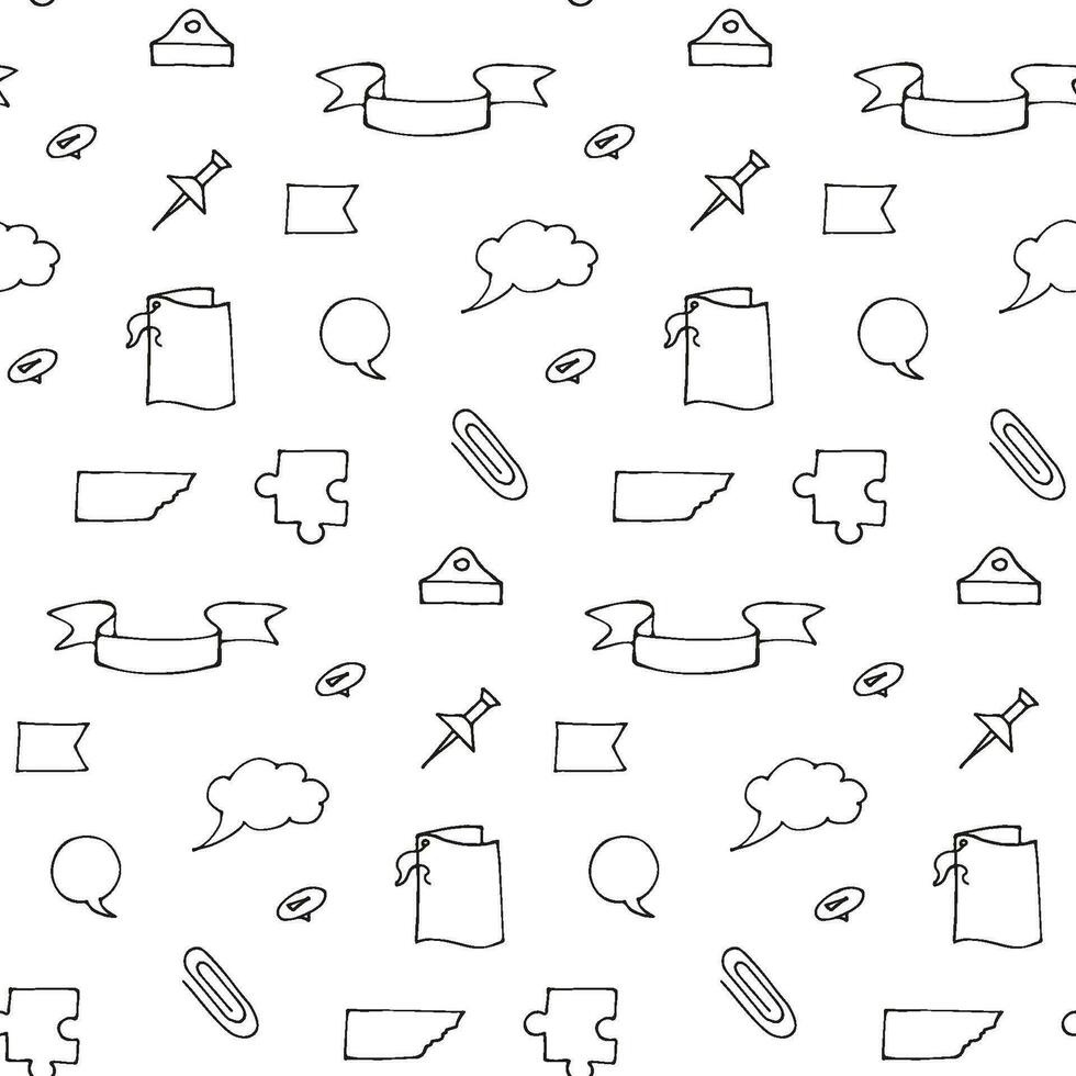 Hand drawn style seamless pattern background illustration. Doodle vector set of paper sheet, pack of paper, tag, note, notepad page and frame. School collection of sticker icons.