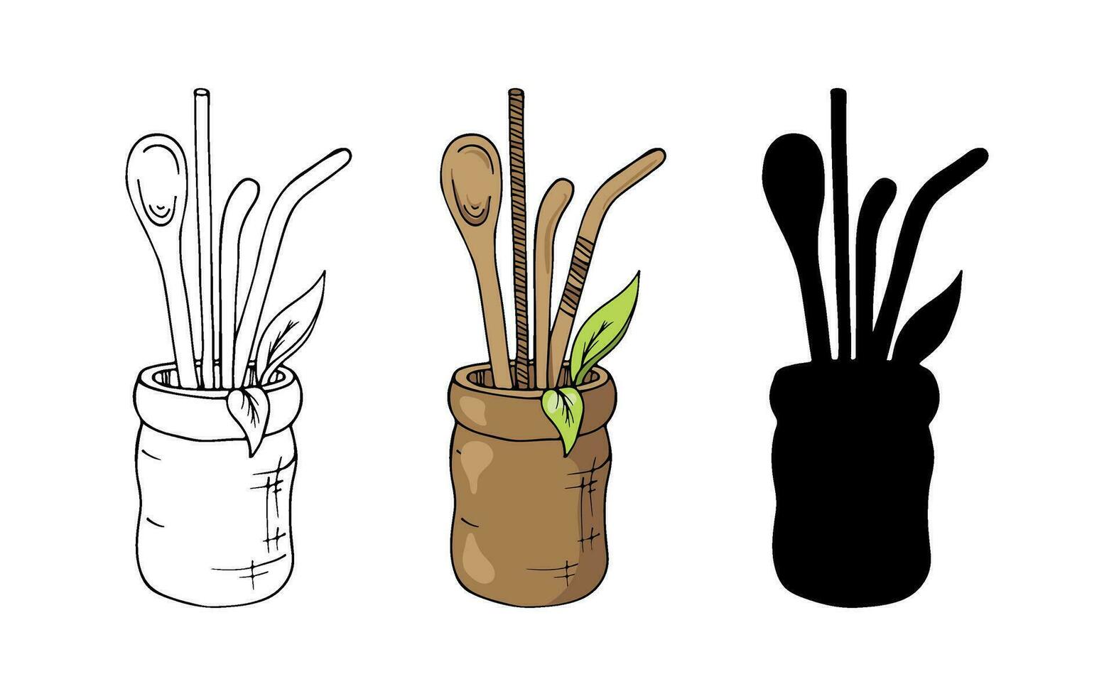 Tea ceremony design elementsin hand drawn style. Doodle vector outline, color illustration. Set sketch and black silhouette picture.