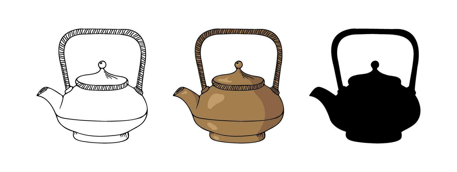 Tea pot hand drawn art. Doodle vector outline, color illustration. Set sketch and black silhouette picture. Tea ceremony design elements.