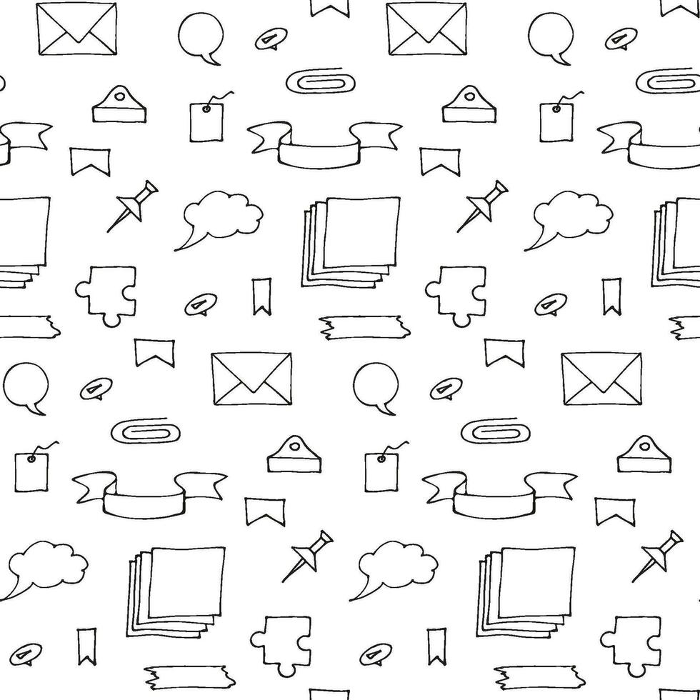 Hand drawn style seamless pattern background illustration. Doodle vector set of paper sheet, pack of paper, tag, note, notepad page and frame. School collection of sticker icons.