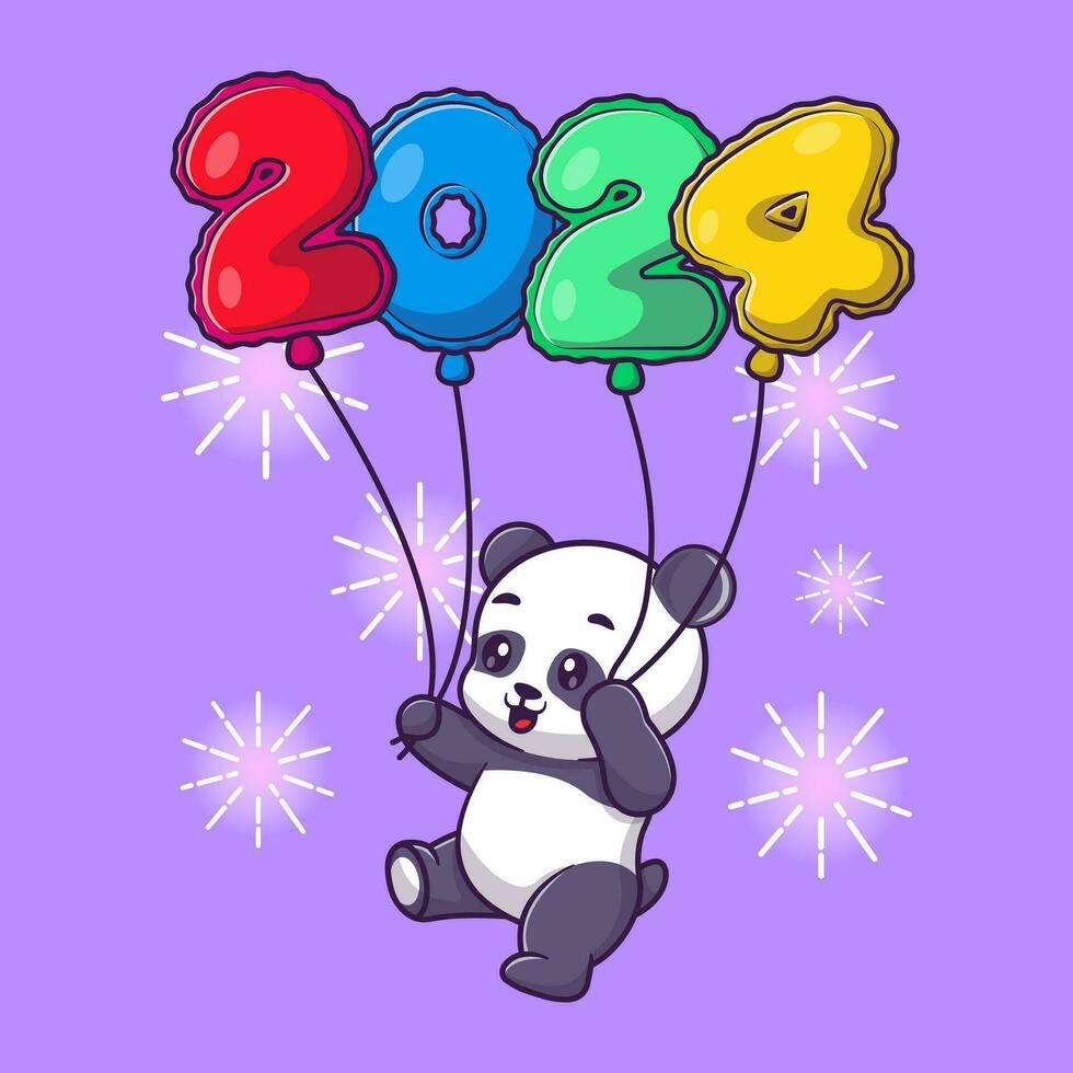 Cute panda holding balloon new year 2024 cartoon vector icon