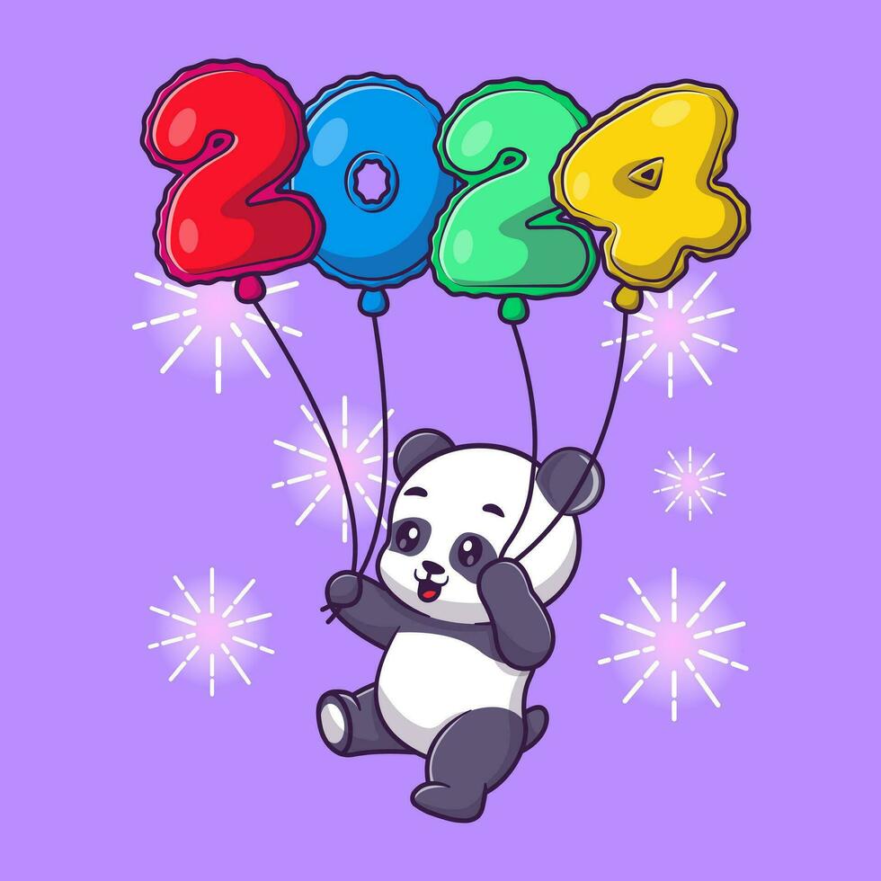 Cute panda holding balloon new year 2024 cartoon vector icon illustration. animal holiday isolated