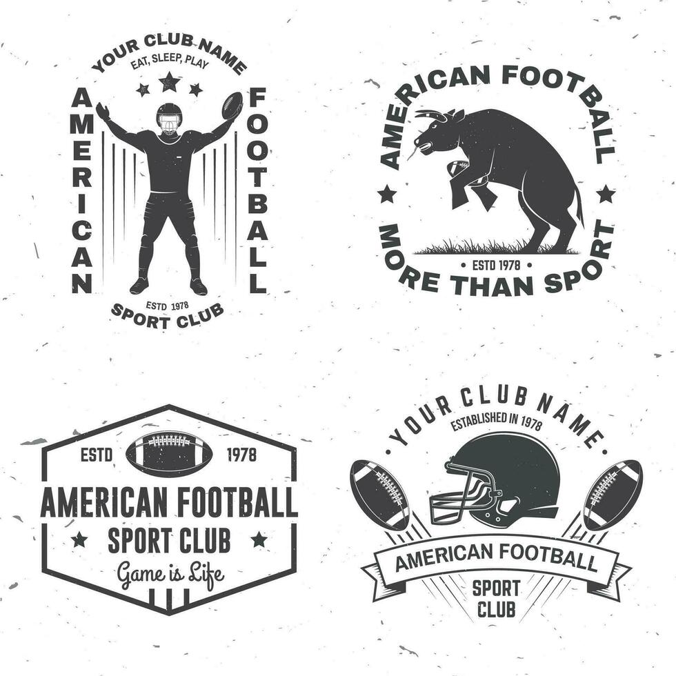 Set of american football or rugby club badge. Vector for shirt, logo, print, stamp, patch. Vintage design with bull, american football sportsman player, helmet, ball and shoulder pads silhouette