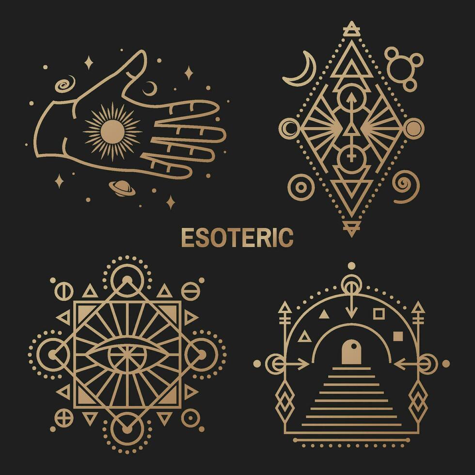 Gold esoteric symbols. Vector. Thin line geometric badge. Outline icon for alchemy or sacred geometry. Mystic, magic design with all-seeing eye, hand, star, gate to another world, moon vector
