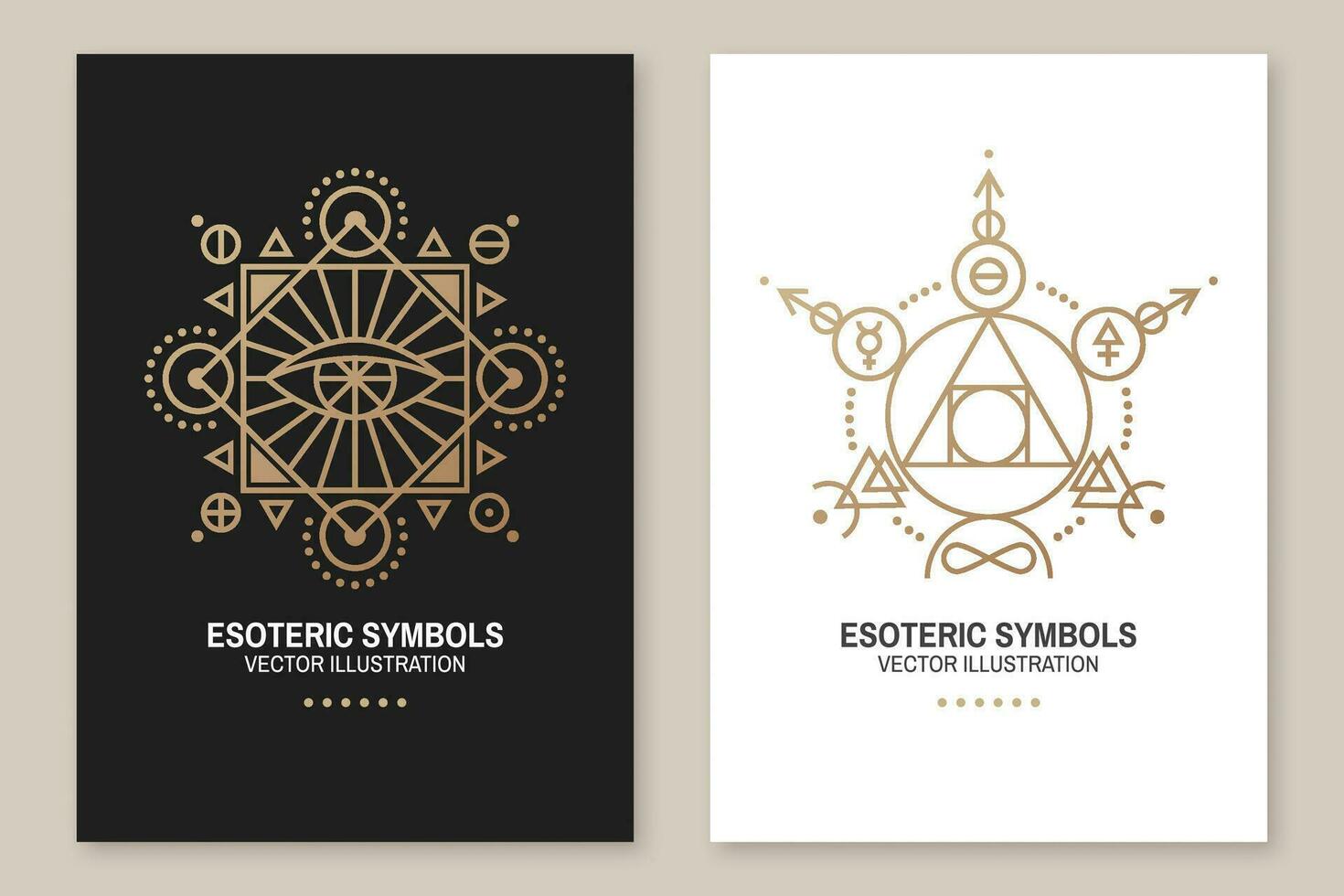 Esoteric symbols. Vector. Thin line geometric badge. Outline icon for alchemy or sacred geometry. Mystic and magic design with philosopher stone, all-seeing eye, stars, planets and moon. vector