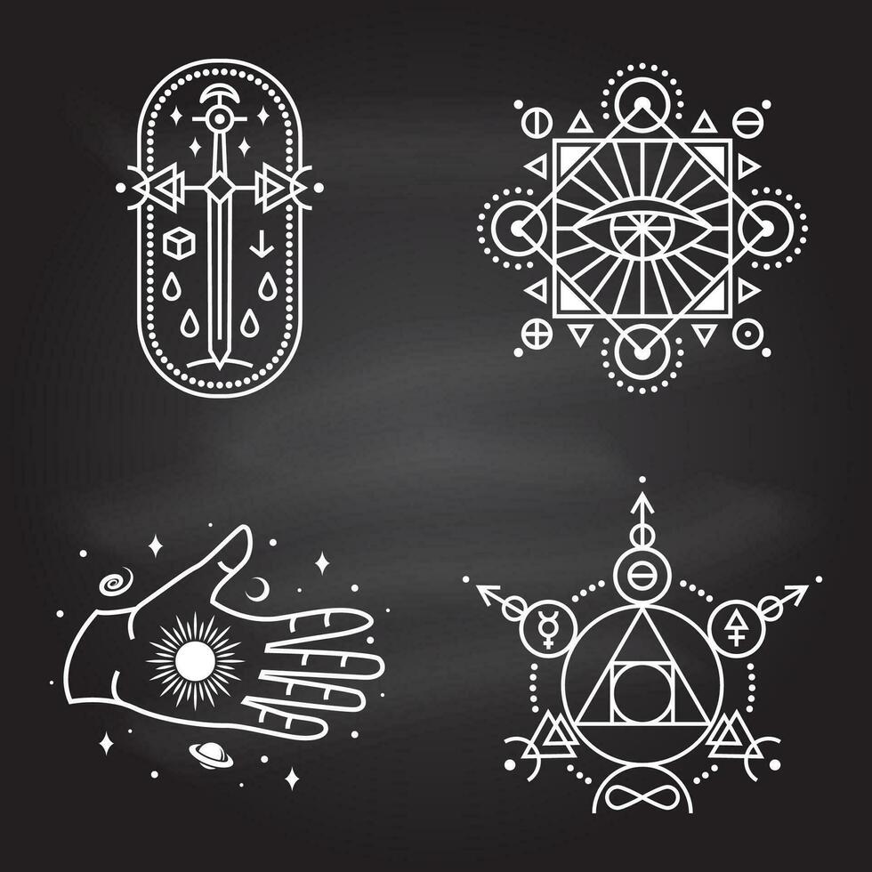 Esoteric symbols. Vector. Thin line geometric badge. Outline icon for alchemy or sacred geometry. Mystic and magic design with philosopher stone, old sword, hand, stars, planets and moon. vector