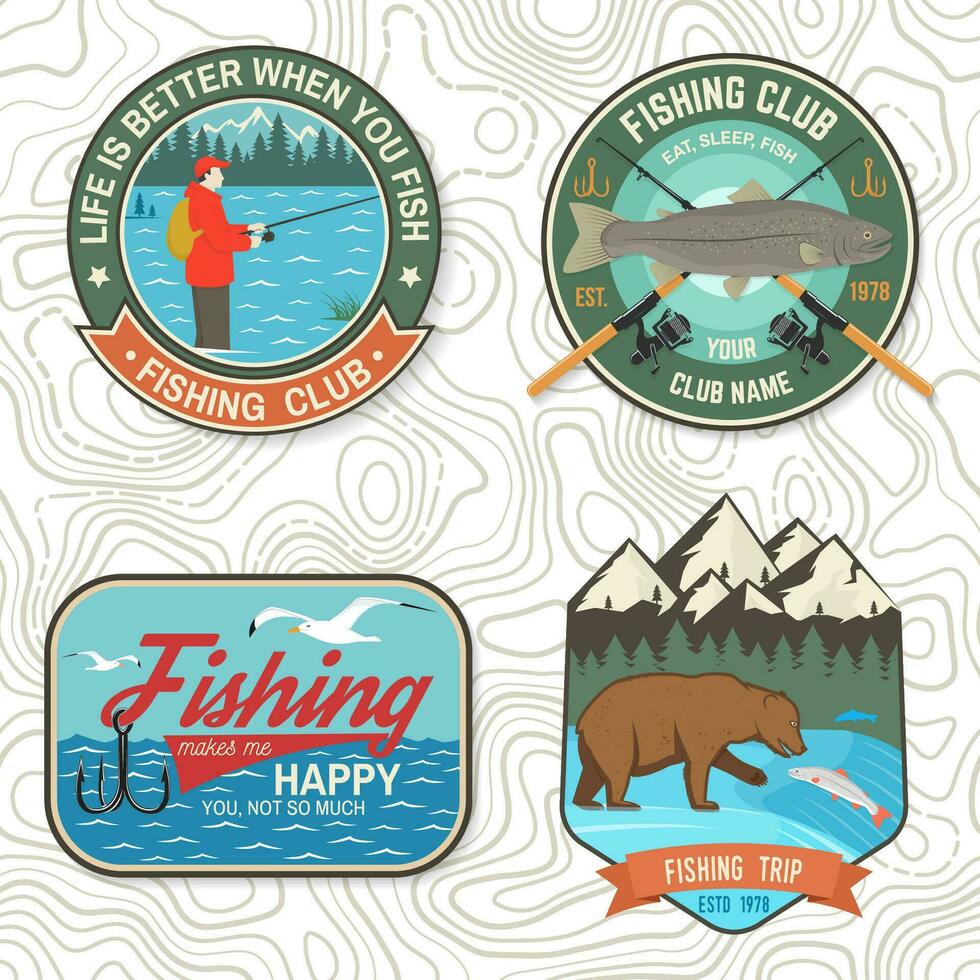 Set of fishing patch. Vector. Concept for shirt or logo, print, stamp, tee, patch. Vintage typography design with fisher, river, rainbow trout, bear and mountain silhouette. vector