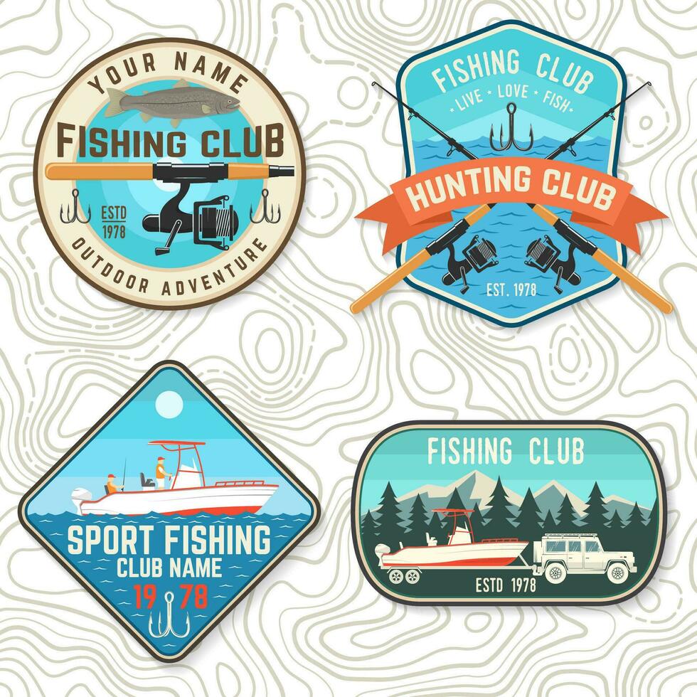 Set of fishing club patch. Live, love, fish. Vector. Concept for shirt or logo, print, stamp, tee, patch. Vintage typography design with fish rod, rainbow trout and hook silhouette. vector