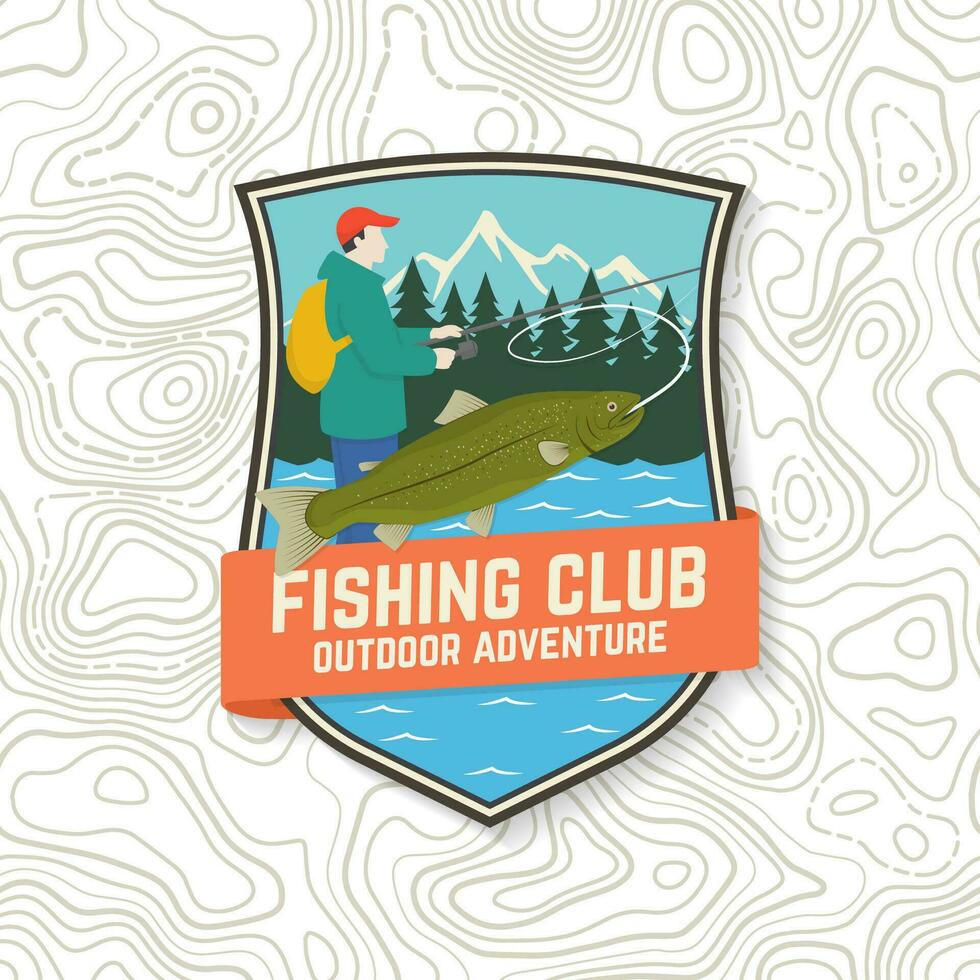 Fishing club patch. Vector. Concept for shirt or logo, print, stamp, tee, patch. Vintage typography design with Fisherman, river and mountain silhouette. vector