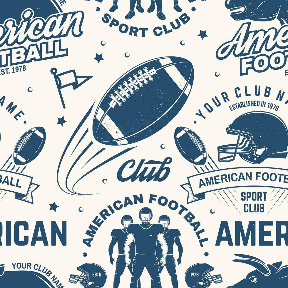 American football seamless pattern, background. Vector. Seamless sport pattern with bull, sportsman player, helmet, ball and shoulder pads silhouette. American football sport club texture. vector