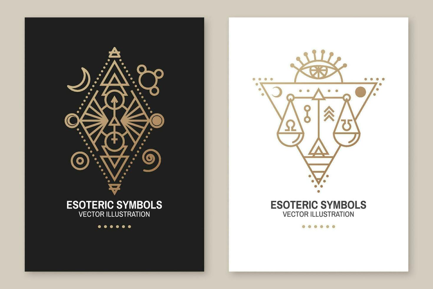 Esoteric symbols. Vector. Thin line geometric badge. Outline icon for alchemy or sacred geometry. Mystic and magic design with all-seeing eye, stars, planets, law scale and moon. vector