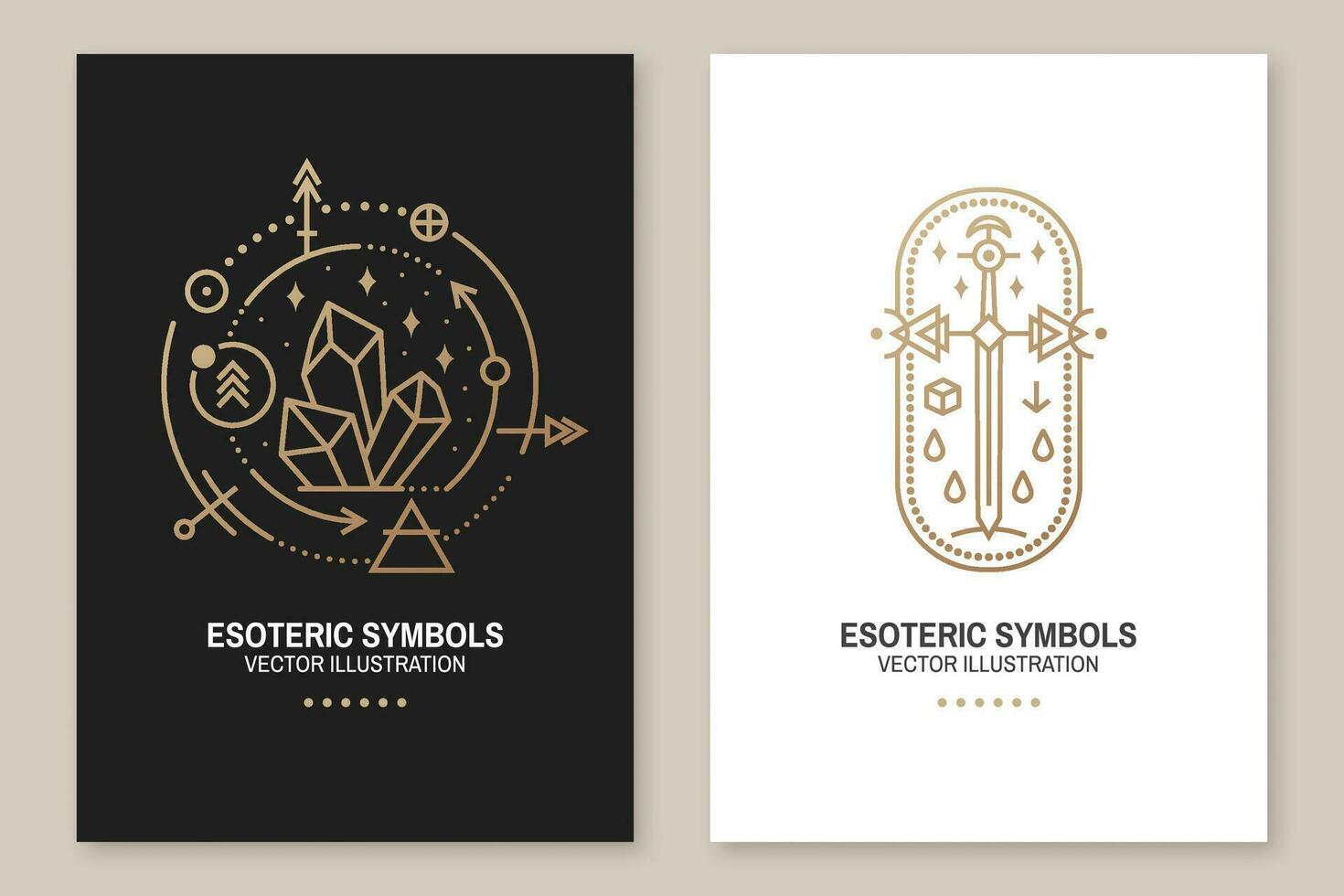 Gold esoteric symbols. Vector. Thin line geometric badge. Outline icon for alchemy or sacred geometry. Mystic and magic design with crystals, sun, star, old sword and moon vector