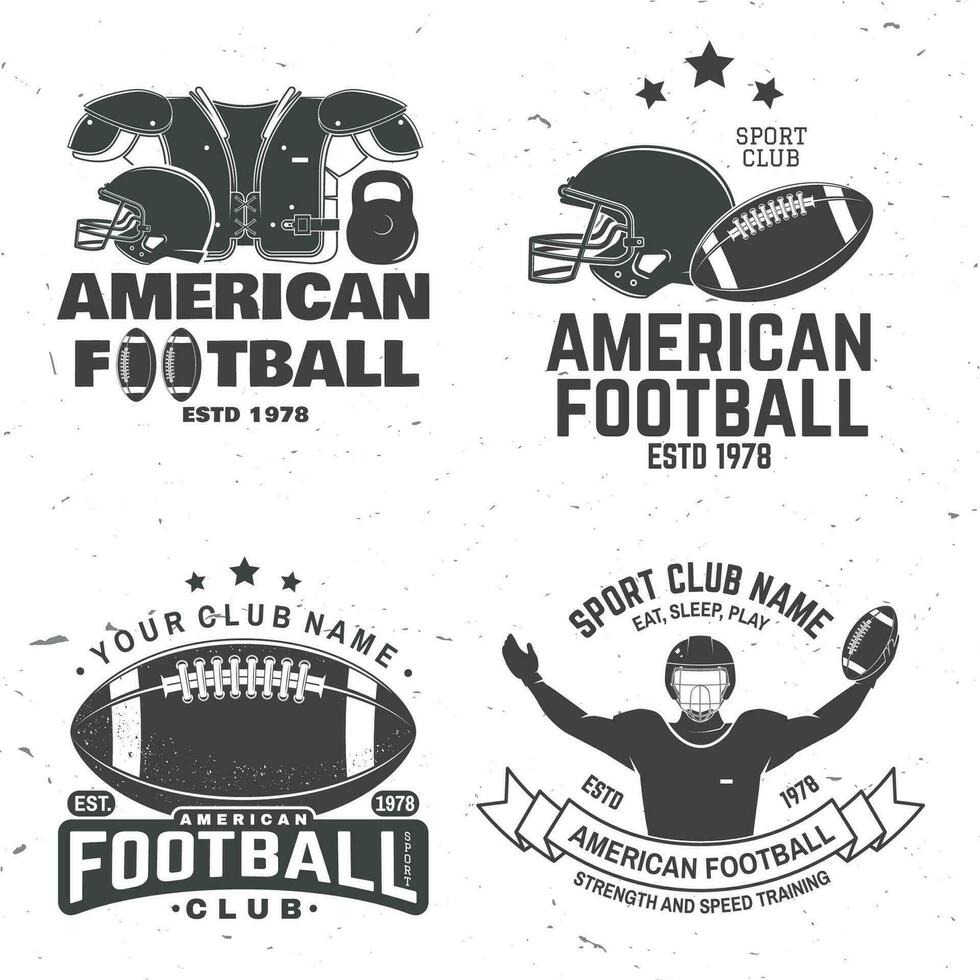 conjunto de americano fútbol americano o rugby club insignia. vector para camisa, logo, imprimir, estampilla, parche. Clásico diseño con americano fútbol americano deportista jugador, casco, pelota y hombro almohadillas silueta