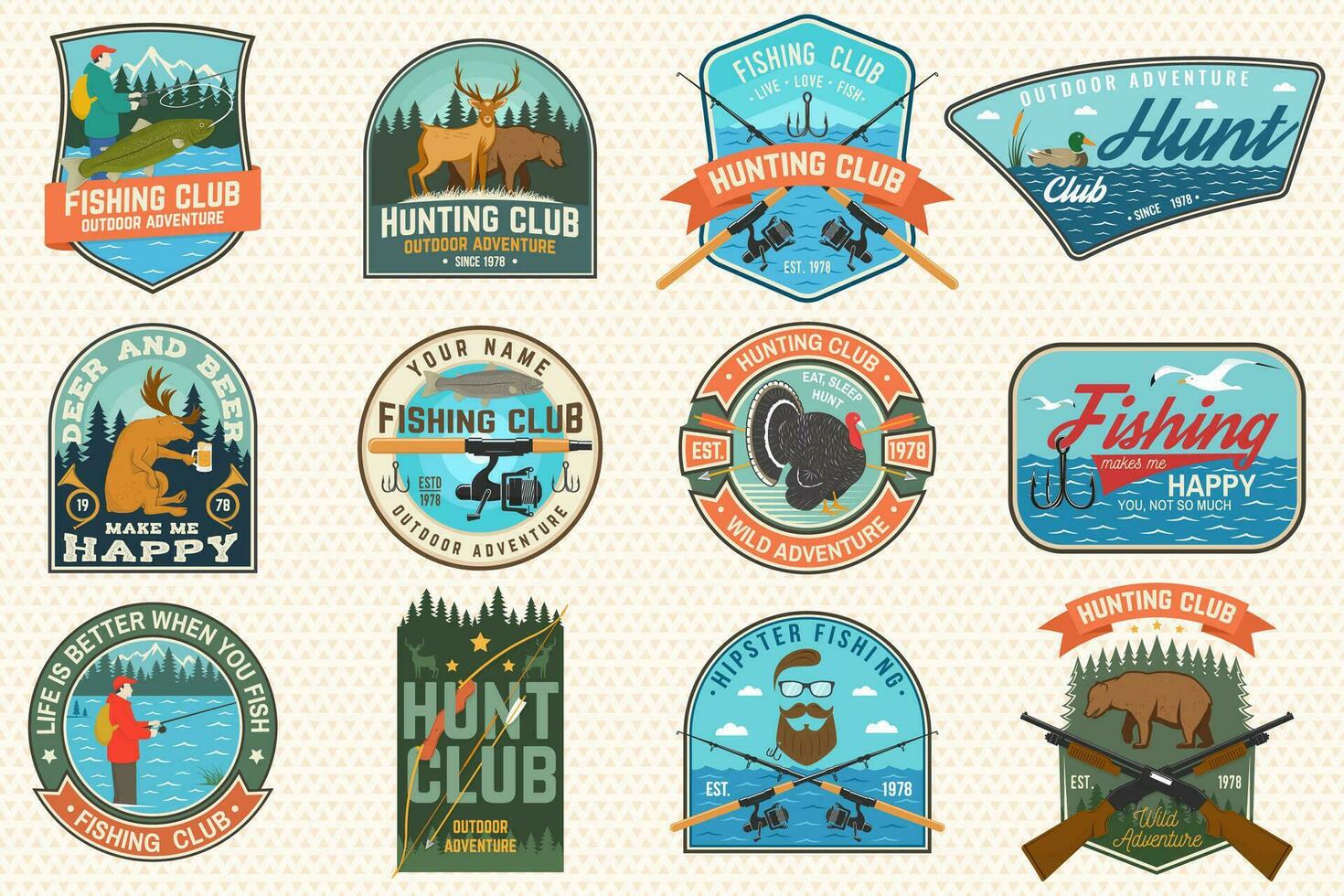 Set of Fishing and Hunting club patches. Vector Concept for shirt, print, patch. Patches with hunting gun, hunter, fish rod, fisher, river, forest. Outdoor fishing and hunting club emblem