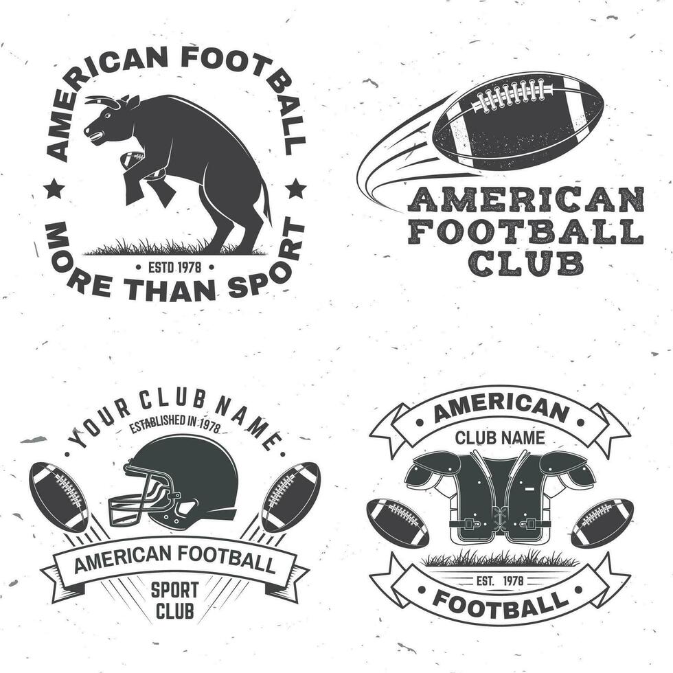 Set of american football or rugby club badge. Vector for shirt, logo, print, stamp, patch. Vintage design with bull, american football sportsman player, helmet, ball and shoulder pads silhouette