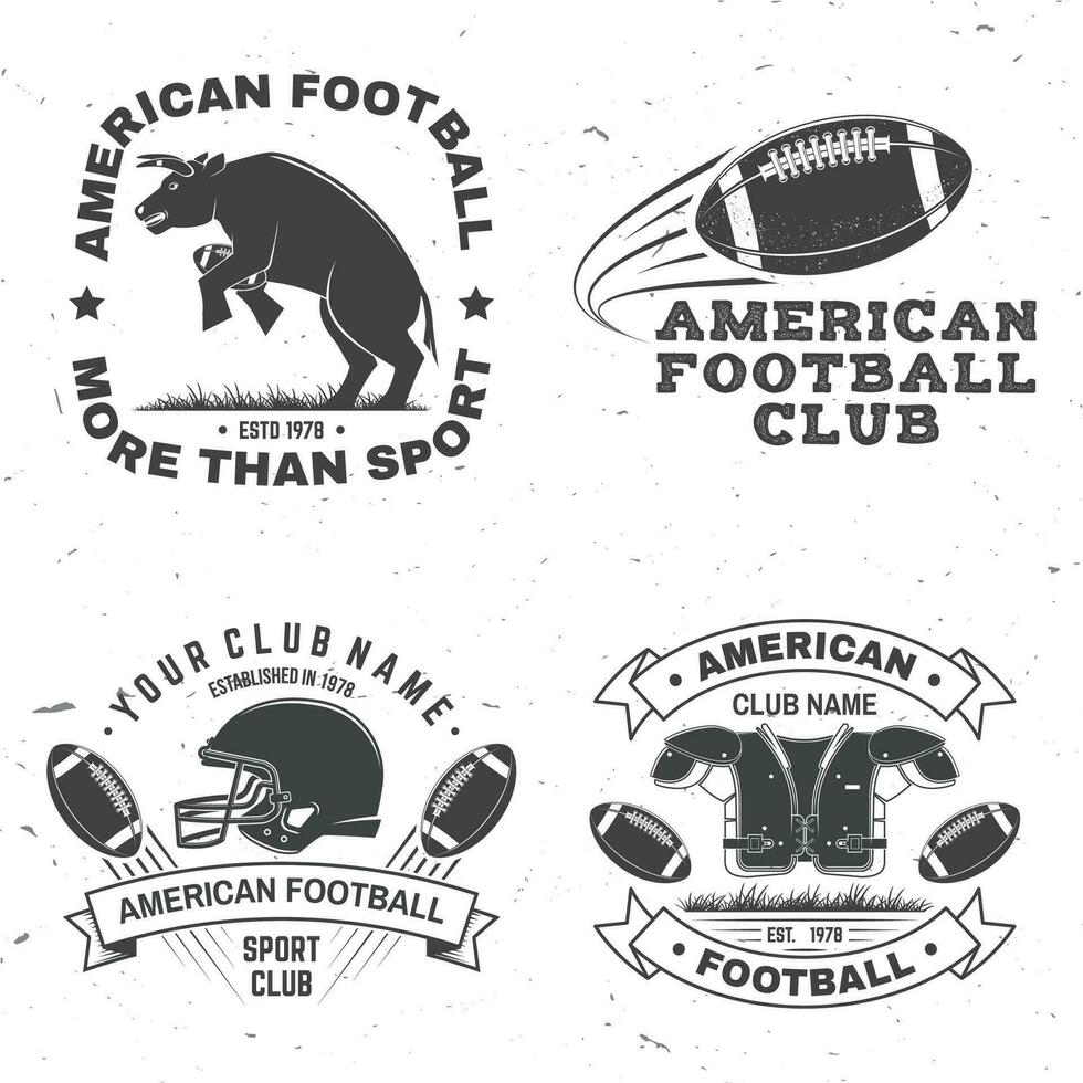 conjunto de americano fútbol americano o rugby club insignia. vector para camisa, logo, imprimir, estampilla, parche. Clásico diseño con toro, americano fútbol americano deportista jugador, casco, pelota y hombro almohadillas silueta