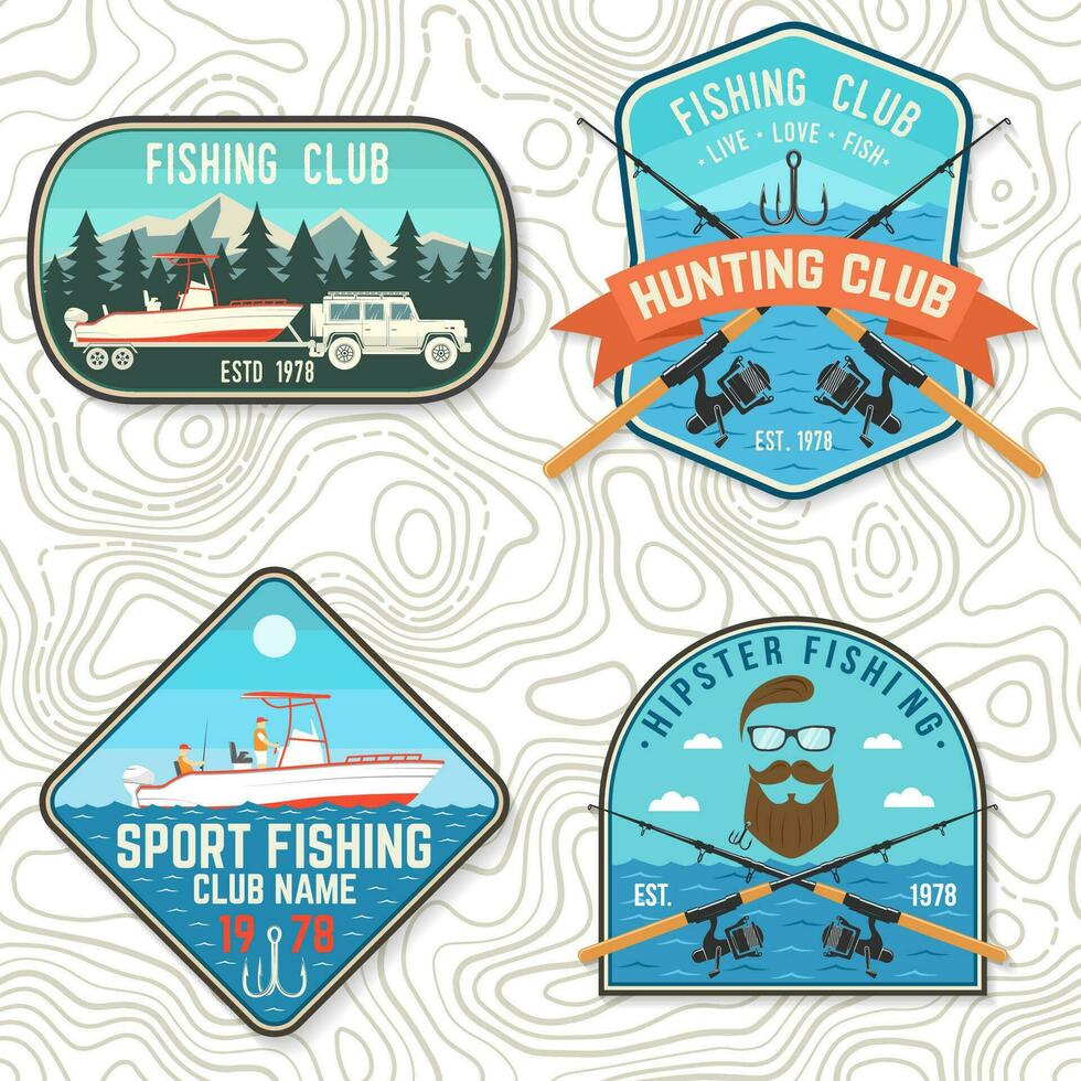 Set of fishing club patch. Live, love, fish. Vector. Concept for shirt or logo, print, stamp, tee, patch. Vintage typography design with fish rod, rainbow trout and hook silhouette. vector