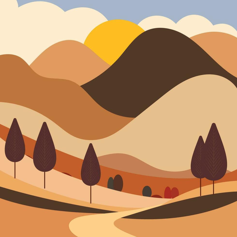 scenic autumn nature landscape illustration with hills trees sun and blue cloudy sky flat vector