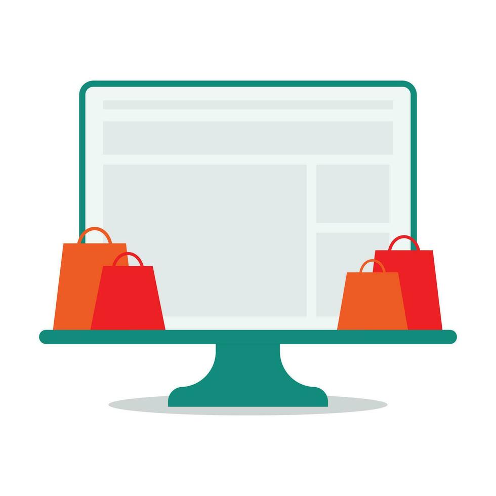 en línea compras web diseño elemento conjunto de monitor y bolso diseño concepto plano vector