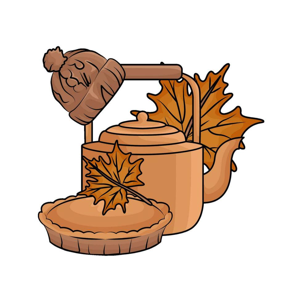 teapot drink  with pie autumn illustration vector